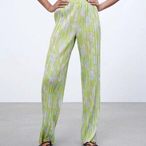 Zara Lime Green Pleated Wide Leg Pant m
